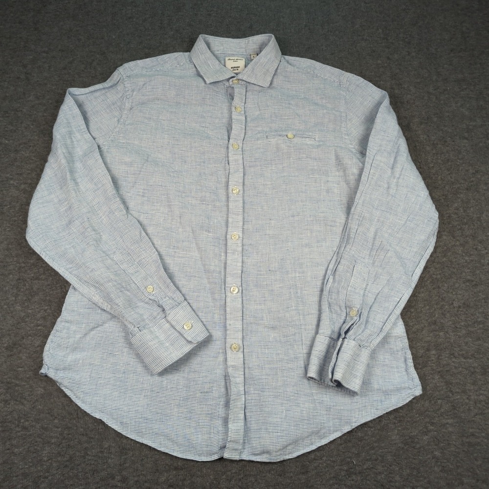 Baird McNutt Shirt Mens Large Blue Striped Linen Slim Fit Murano Casual Preppy